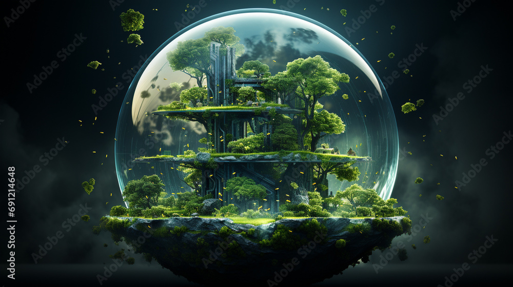 Abstract digital art representing the concept of a bio-circular economy, using green and blue tones to symbolize environmental sustainability, created with Adobe Photoshop - obrazy, fototapety, plakaty 