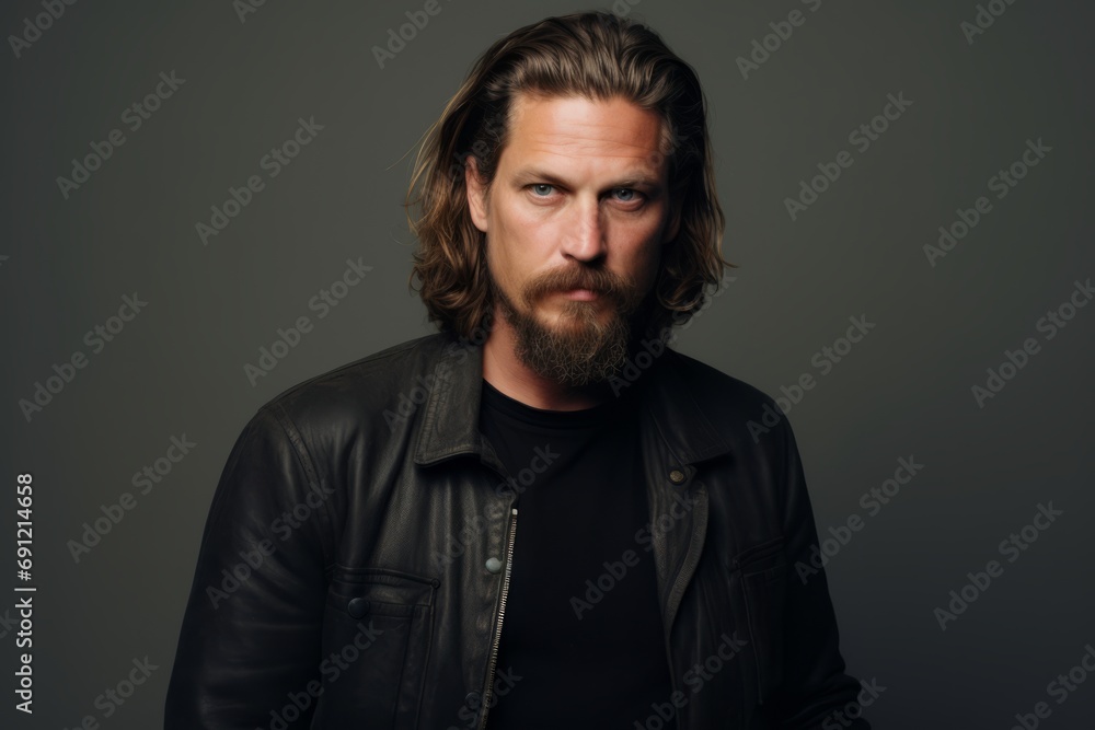 Handsome man with long beard and mustache wearing black leather jacket. Handsome man with long beard and mustache wearing black leather jacket.