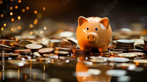 white piggy bank being filled with falling coins Capture the essence of saving and the accumulation of wealth photo