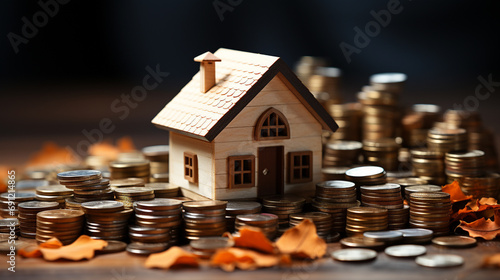 creative and detailed image of a small house model placed on a stack of money coins, symbolizing the concept of investment in real estate and mortgage. photo
