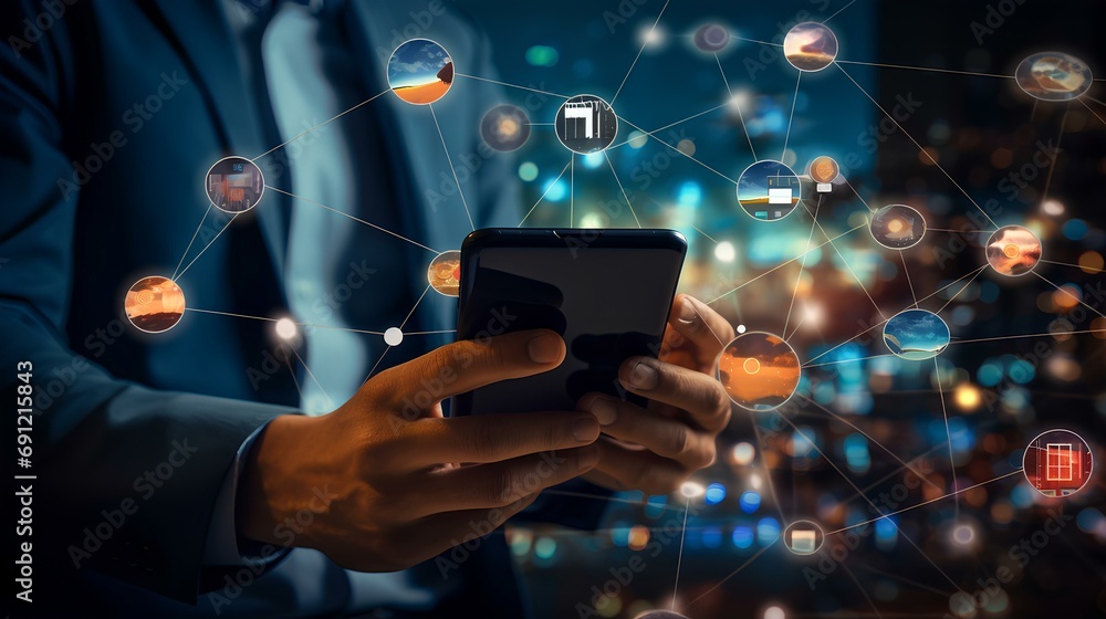 An IT expert controlling IoT devices using a smartphone. His screen is filled with icons of various connected devices. generative AI An IT expert controlling IoT devices using a smartphone. His screen is filled with icons of various connected devices. generative AI