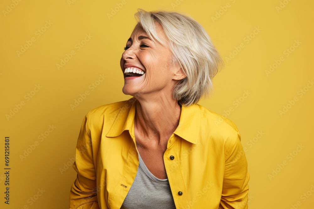 Portrait of a happy mature woman laughing and looking at the camera over yellow background Portrait of a happy mature woman laughing and looking at the camera over yellow background