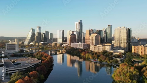 Aerial Hyperlapse of downtown Austin Texas skyline, austin fall  photo