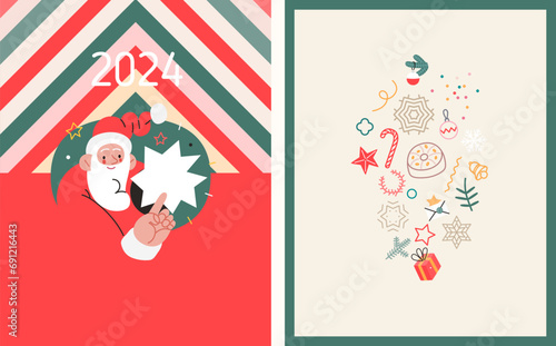 Christmas postcards with Santa Claus - modern flat vector concept illustrations of the Christmas and New Year symbols, vertical postcards set