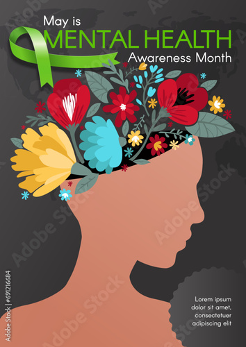 Mental Health Awareness Month poster. Flowers grow from a woman's head. Hand-drawn modern flat illustration.