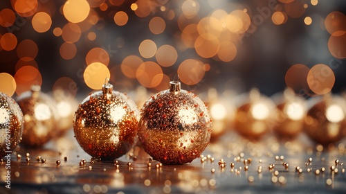 Golden Christmas balls on bokeh background. Christmas and New Year concept