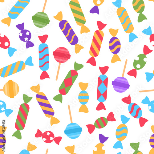 Colorful falling candy seamless pattern on white background. Bright striped sweet wallpaper design. Lollipop, caramel, bonbon, candy creative wrapping paper repeat tile. Sweetness vector illustration.