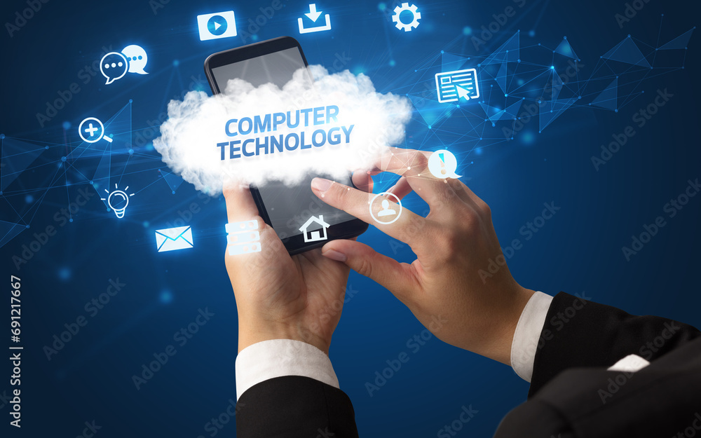 Hand using smartphone with cloud technology concept Hand using smartphone with cloud technology concept