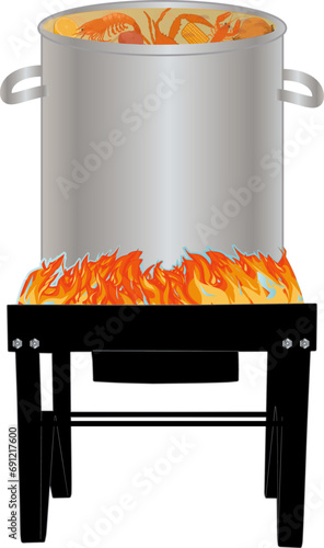 Large pot on a propane burner filled with boiling seafood