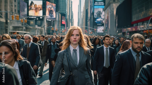 Executive woman, young businesswoman and business woman walking on busy city center street.