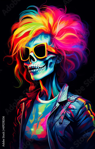 colorful hip-hop skull of a musician in rock costumes  wearing leather jacket and glasses  colorful hair style  painted skull