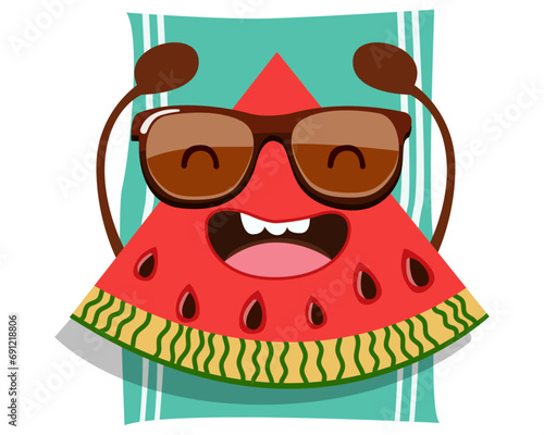 The drawn character is a contented and happy slice of watermelon that is sunbathing in the sun.