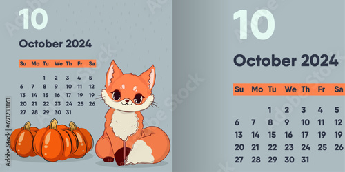 Vector fox with pumpkins in the rain. Calendar for October 2024 with a fox, a funny cartoon character.