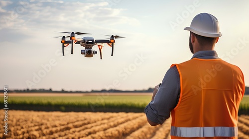 A drone engineer controlling a state-of-the-art drone using a remote control. His background is an open space for test flights. generative AI photo