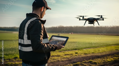 A drone engineer controlling a state-of-the-art drone using a remote control. His background is an open space for test flights. generative AI photo