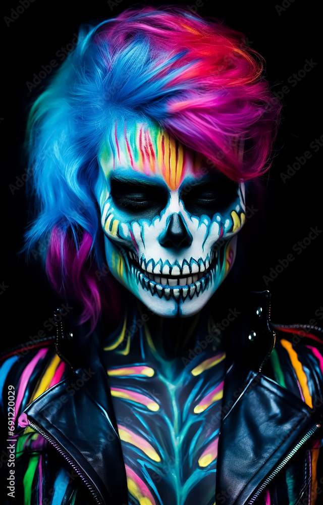 colorful hip-hop skull of a musician in rock costumes, wearing leather jacket and glasses, colorful hair style, painted skull