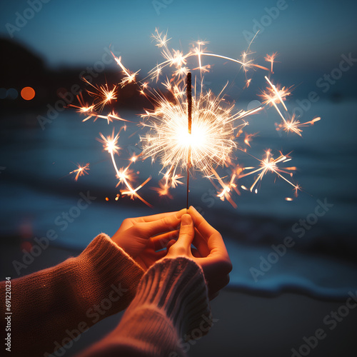 Hand holding a sparkler celebrating at the beach, generative AI