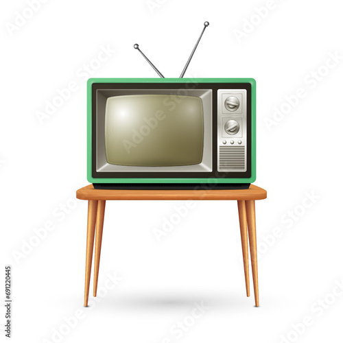 Vector Realistic Retro TV Receiver Isolated on White Background. Home Interior Design Concept. Vintage TV Set in Front View. Television Concept