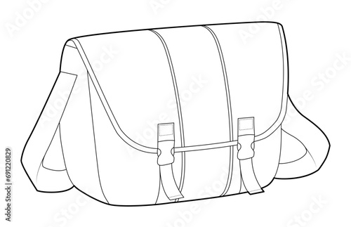 Courier Messenger Bag silhouette. Fashion accessory technical illustration. Vector satchel front 3-4 view for Men, women, unisex style, flat handbag CAD mockup sketch outline isolated