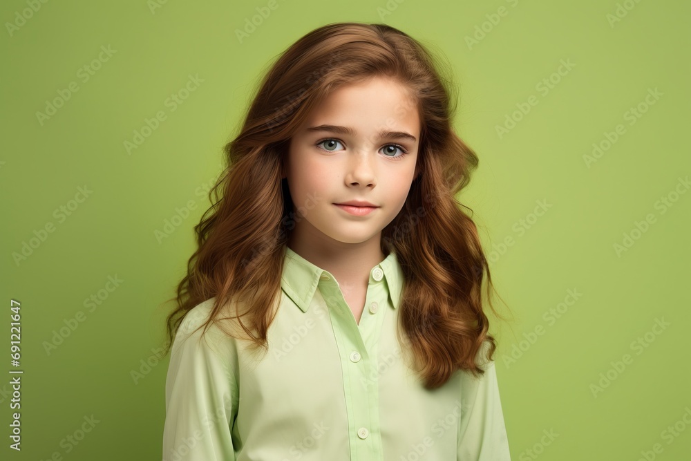 portrait of cute little girl with long curly hair over green background portrait of cute little girl with long curly hair over green background