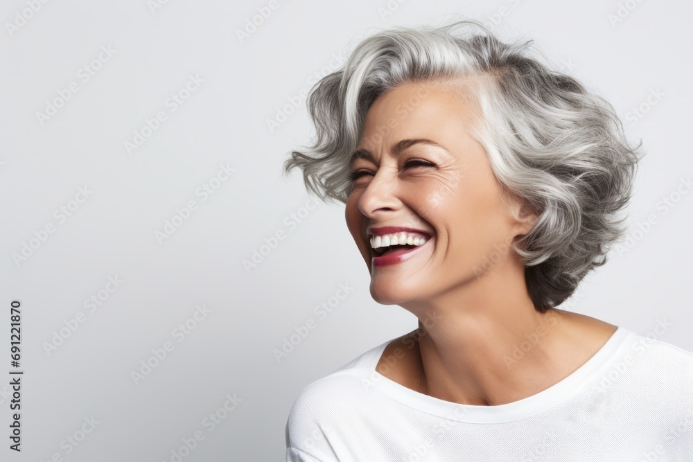 Portrait of a happy senior woman smiling at the camera over grey background Portrait of a happy senior woman smiling at the camera over grey background