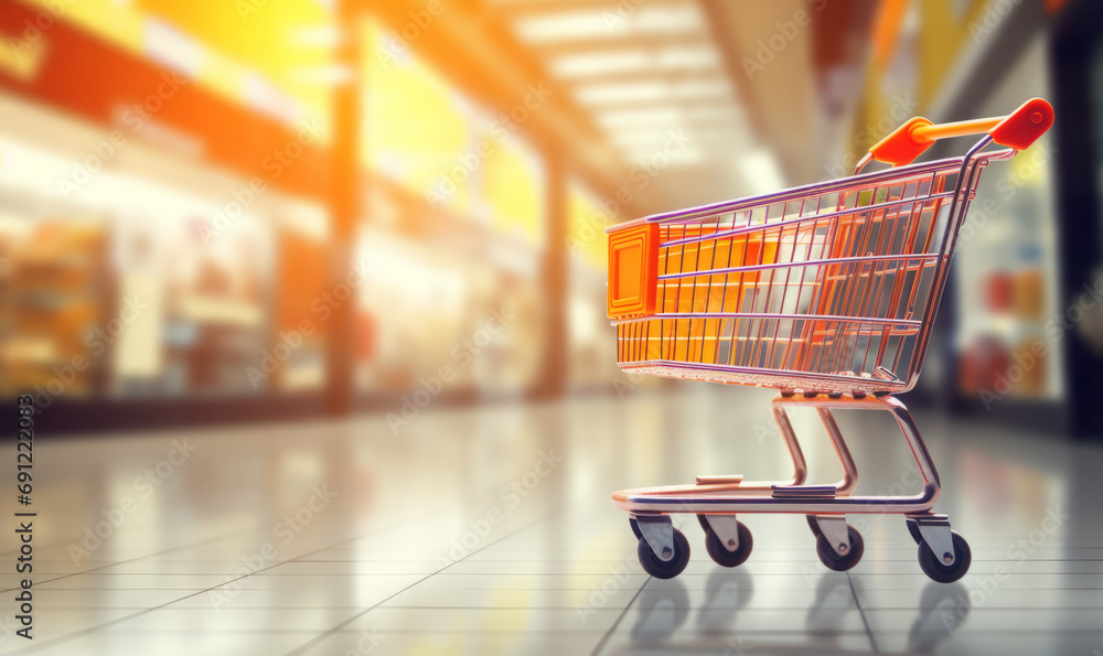 shopping cart in supermarket , blurred background shopping cart in supermarket , blurred background