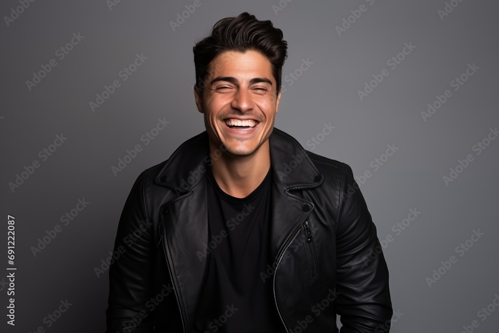 Portrait of a handsome young man laughing while standing against grey background Portrait of a handsome young man laughing while standing against grey background