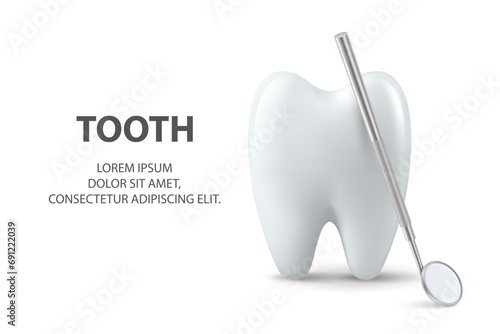Vector 3d Realistic Tooth and Dental Mirror Closeup Isolated on White Background. Medical Dentist Banner. Design Template, Clipart, Mockup. Dentistry, Healthcare, Hygiene Concept