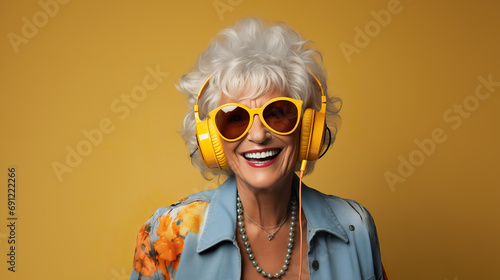 Crazy cool granny, elderly woman with headphones, sunglasses and gray hair, expressive mature and happy smiling grandmother in colorful close-up portrait | Generative AI