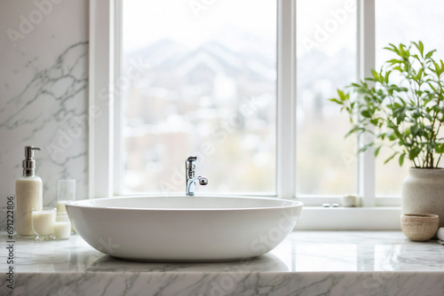 White bathroom interior  marble countertop  blurred window background  copy space