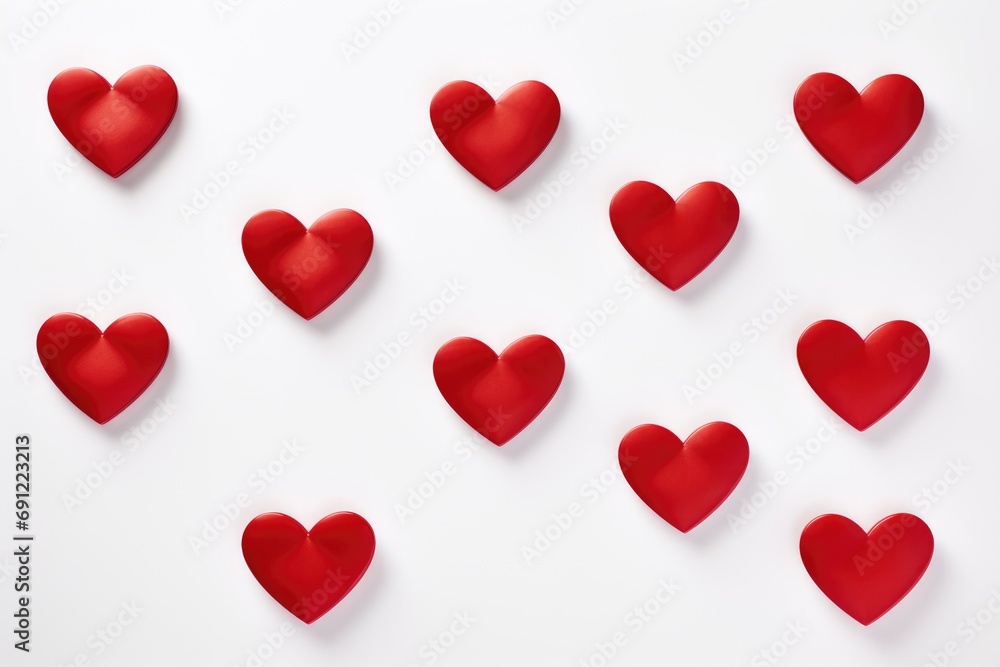 Red hearts scattered white background