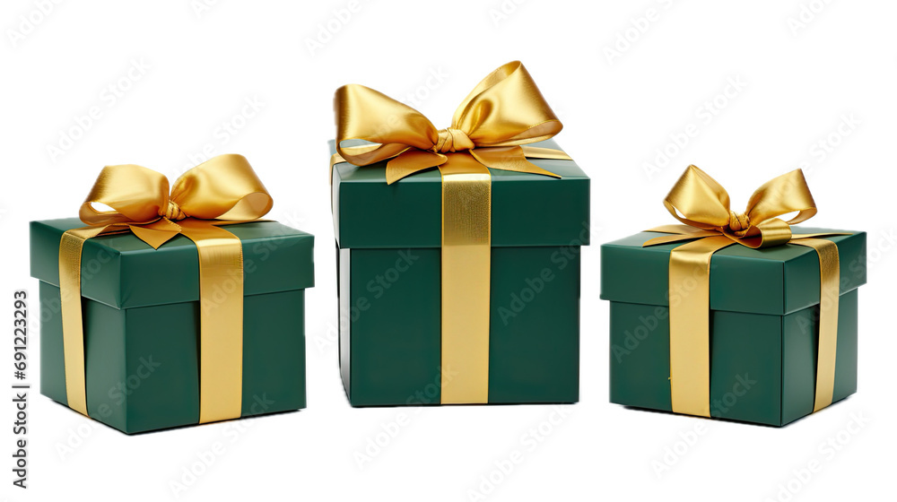 three green gift boxes with gold ribbon and bow, 3/4 view, in a PNG, Gift giving-themed, isolated, and transparent, photorealistic illustration. Generative ai three green gift boxes with gold ribbon and bow, 3/4 view, in a PNG, Gift giving-themed, isolated, and transparent, photorealistic illustration. Generative ai