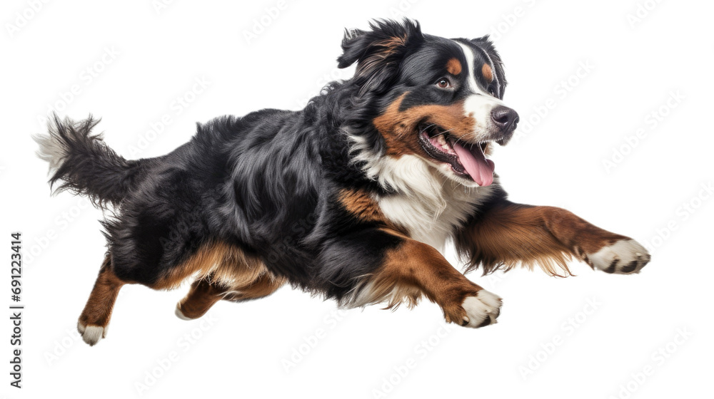 a Bernese Mountain Dog, running, full body, 3/4 view, isolated and transparent PNG in a Pet-themed, photorealistic illustration. Generative ai