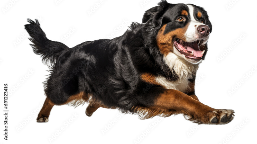 a Bernese Mountain Dog, running, full body, 3/4 view, isolated and transparent PNG in a Pet-themed, photorealistic illustration. Generative ai