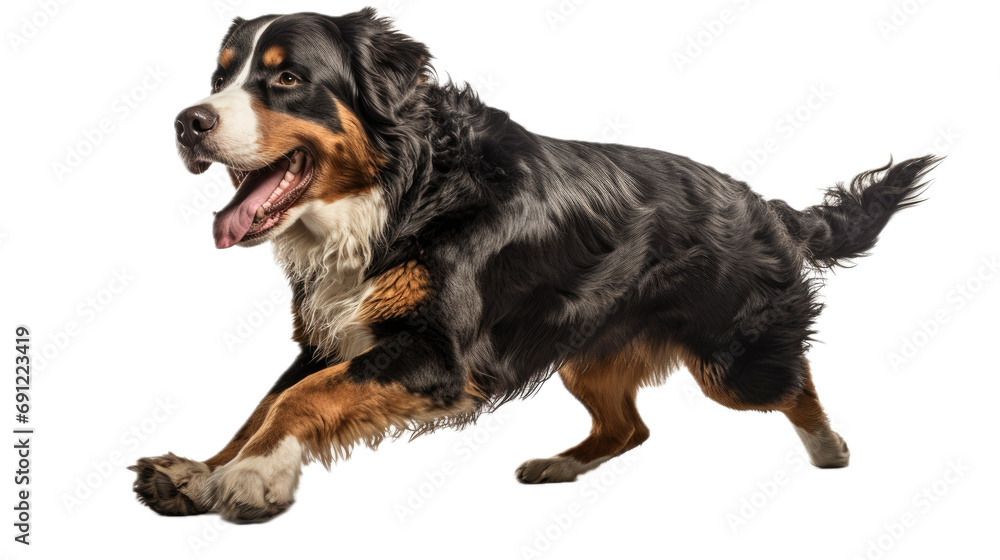 a Bernese Mountain Dog, running, full body, 3/4 view, isolated and transparent PNG in a Pet-themed, photorealistic illustration. Generative ai a Bernese Mountain Dog, running, full body, 3/4 view, isolated and transparent PNG in a Pet-themed, photorealistic illustration. Generative ai