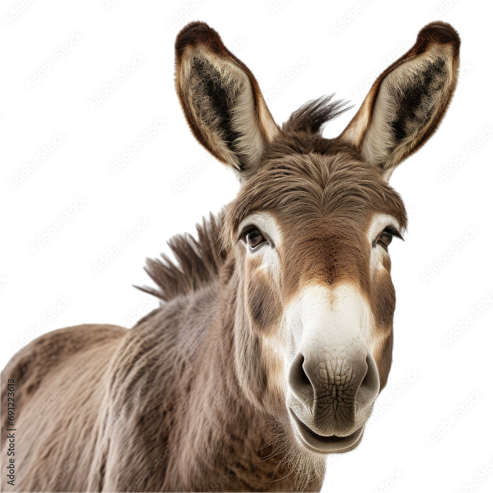 a Donkey/Burro portrait in a 3/4 view in a PNG,  isolated and transparent, farm animal-themed, photorealistic illustration.  Generative ai