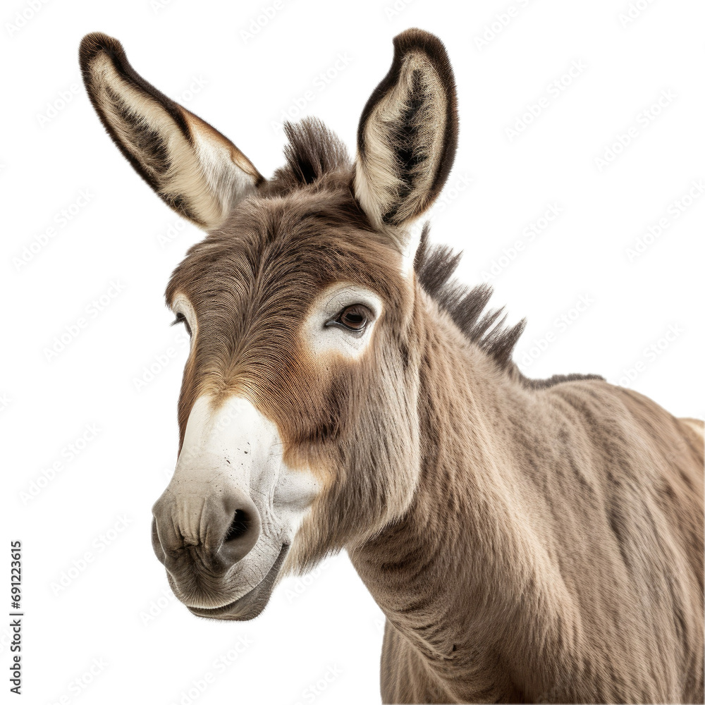 Fototapeta premium a Donkey/Burro portrait in a 3/4 view in a PNG, isolated and transparent, farm animal-themed, photorealistic illustration. Generative ai