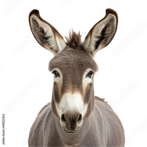 a Donkey/Burro portrait in a front view in a PNG,  isolated and transparent, farm animal-themed, photorealistic illustration. Generative ai  © Purple Penguin GFX