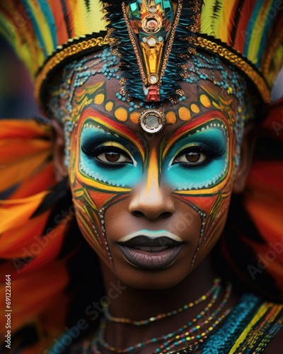 Woman with carnival mask and colorful feathers