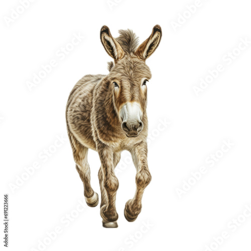 a Donkey/Burro trotting, full body in a front view in a PNG,  isolated and transparent, farm animal-themed, photorealistic illustration.  Generative ai © Purple Penguin GFX
