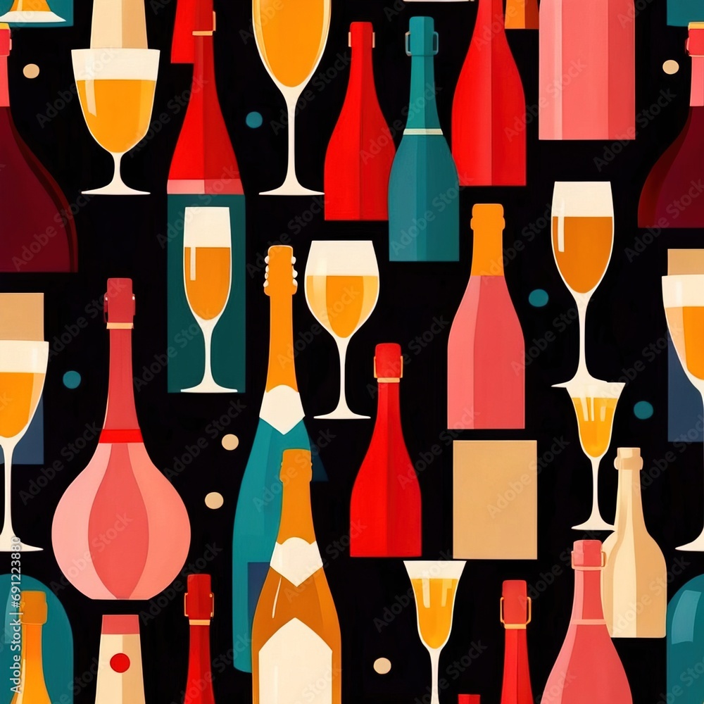 Bottles and glasses of champagne and wine in party celebration  environment, retro vintage art deco illustration