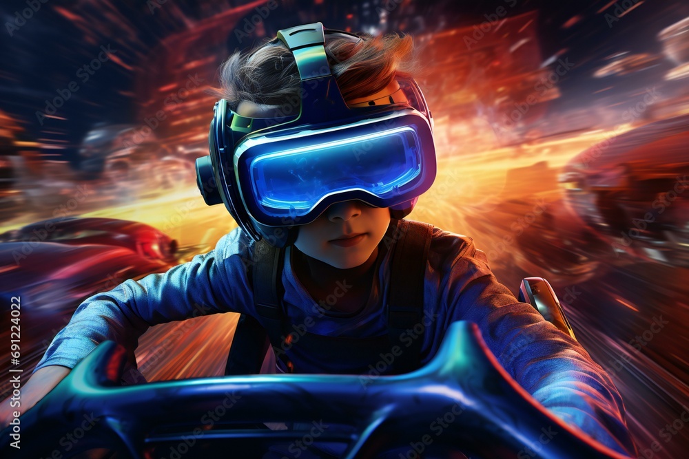 Young boy racing a car in a virtual reality world with goggles, Generative Ai Young boy racing a car in a virtual reality world with goggles, Generative Ai