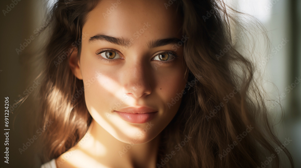 Naklejka premium close up portrait of a beautiful woman with radiant skin, ai generated