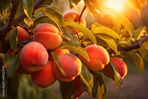 Peaches on tree at sunrise photo