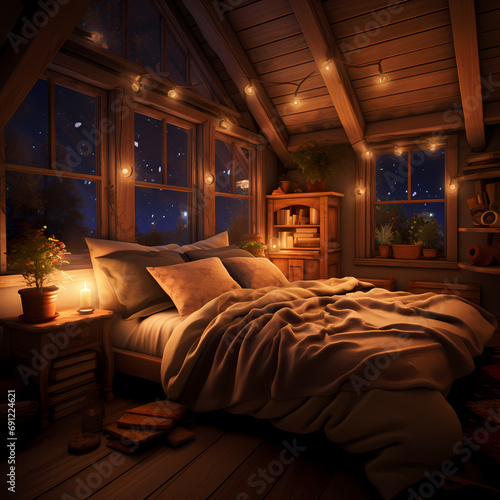 A cozy bedroom with warm lighting