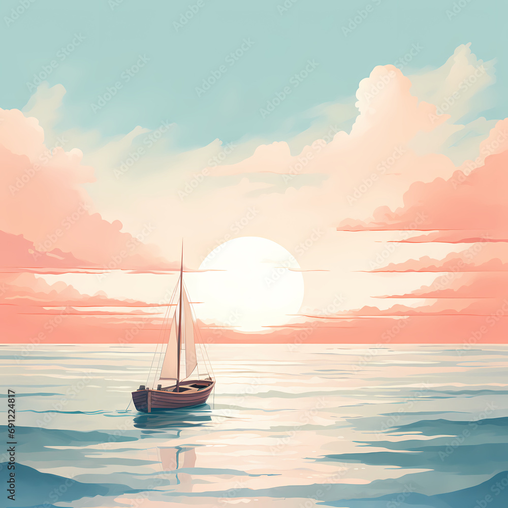 A dreamy seascape with gentle waves and a lone boat