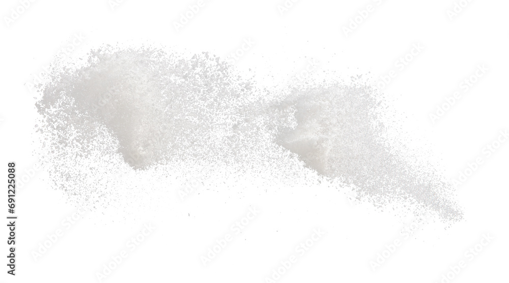Photo image of throwing snow fly in air. Snows Freeze shot on black background isolated overlay. Fluffy White snowflakes splash cloud in falling down. Real Snow throwing shower