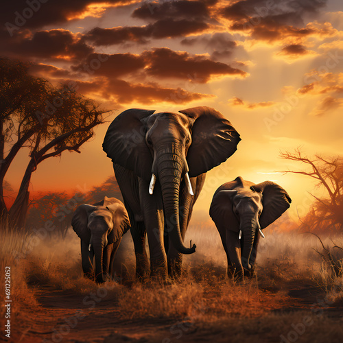 A family of elephants in a savanna at sunset.