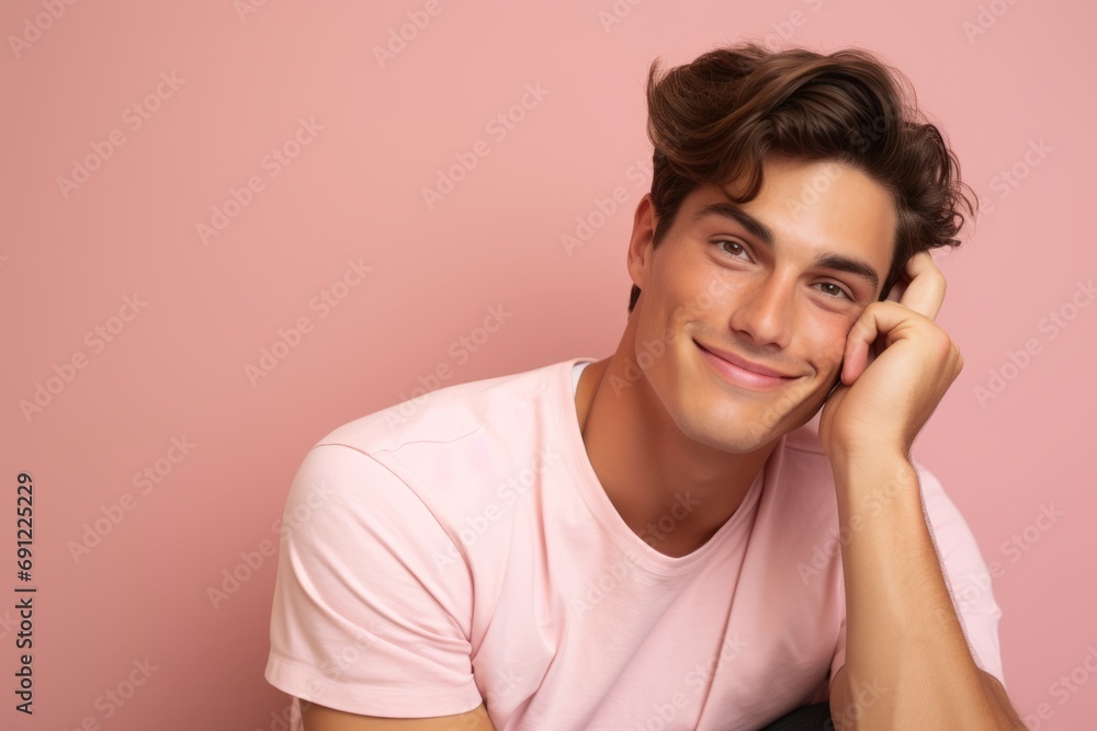 Portrait of handsome young man in pink t-shirt on pink background Portrait of handsome young man in pink t-shirt on pink background