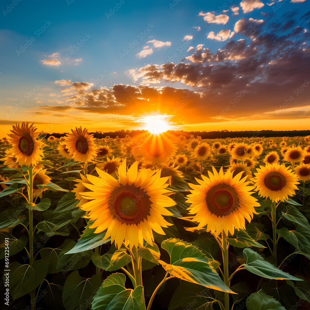 A field of sunflowers under a bright yellow sun